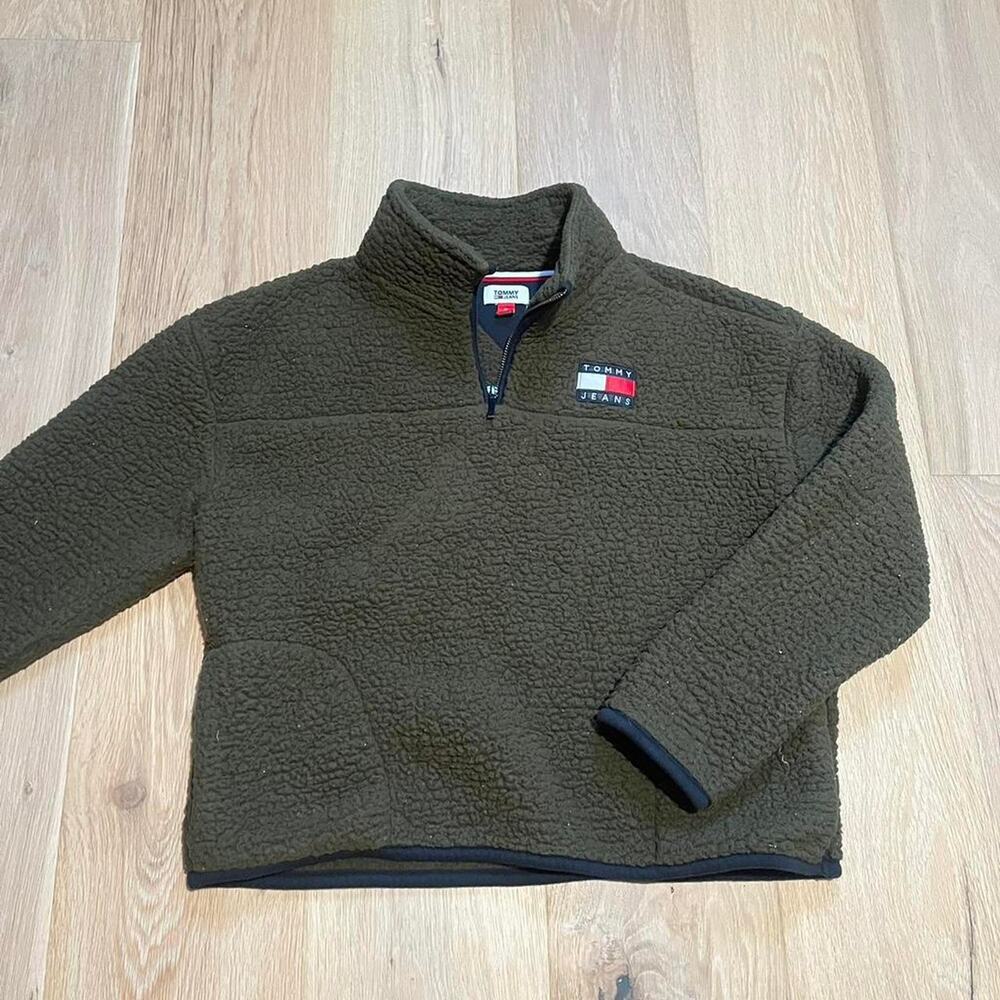 Y2K Tommy Jeans Hilfiger green fleece Sherpa quarter zip. Preppy heritage - Picture 1 of 5